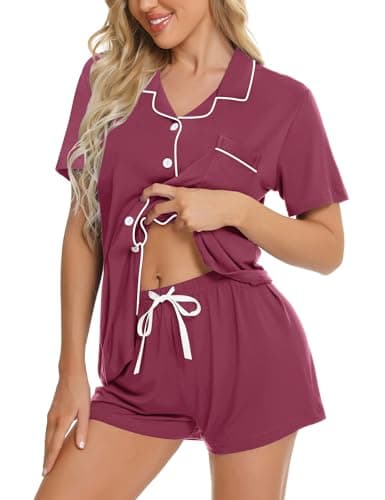 SWOMOG Womens Button Down Pajamas Set Short Sleeve Sleepwear Bride Soft Pj Lounge Sets XS-3XL Burgundy Large - Image 1