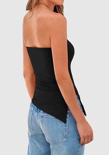PRETTYGARDEN Womens Tube Top 2025 Summer Trendy Strapless Tops Going Out Outfits Ruched Asymmetrical Bandeau Shirts (Black,Small) - Image 8