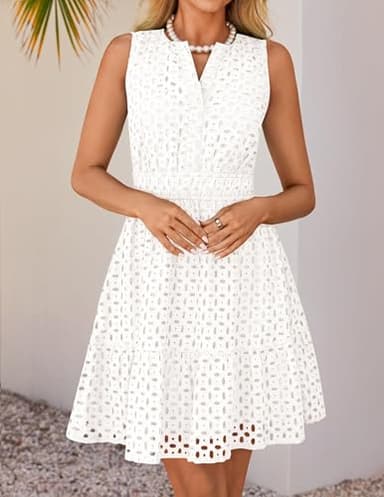 ZESICA Women's Summer Sleeveless Mini Dress V Neck Hollow Out Eyelet High Waist A Line Swing Short Party Dresses,White,Medium - Image 3