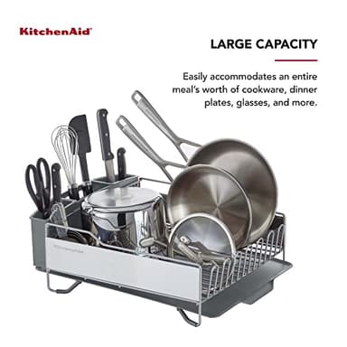KitchenAid Large Capacity Full Size Rust Resistant Dish Rack with Angled Drain Board and Removable Flatware Caddy, Light Grey - Image 4