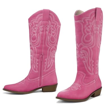 mysoft Women's Cowboy Boots Mid Calf Cowgirl Embroidered Western Pointed Toe Chunky Heel Pull On Knee High Boots - Image 2