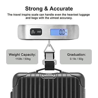 travel inspira Luggage Scale, Portable Digital Hanging Baggage Scale for Travel, Suitcase Weight Scale with Rubber Paint, 110 Pounds, Battery Included - Silver - Image 5