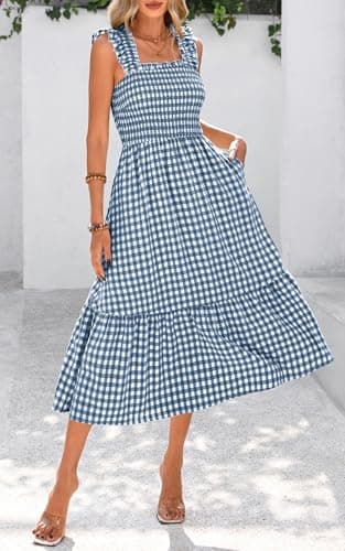 PRETTYGARDEN Women's Summer Dress Casual Square Neck Ruffle Strap Gingham Smocked Midi Flowy A Line Beach Vacation Sun Dresses 2025 (Dark Blue, XXL) - Image 6