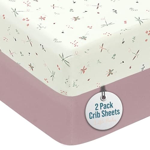 Little Peaches Baby Girl Crib Sheets – 2 Pack Fitted Bedding Essentials, Super Soft Stretch Knit for Crib & Portable Mattress – Butterfly & Lilac - Image 1