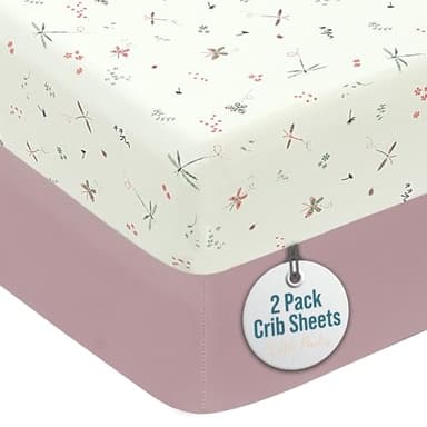 Little Peaches Baby Girl Crib Sheets – 2 Pack Fitted Bedding Essentials, Super Soft Stretch Knit for Crib & Portable Mattress – Butterfly & Lilac - Image 1