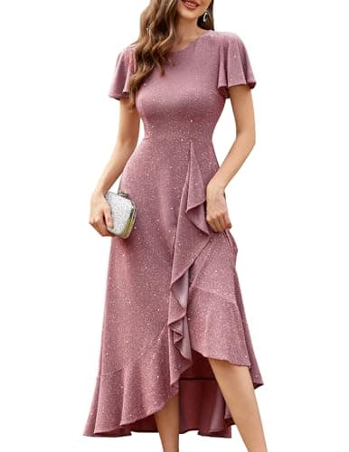 BeryLove Women Sequin Formal Party Dress Flutter Short Sleeve Wedding Guest Cocktail Long Evening Dresses BLS007 Blush XL - Image 1