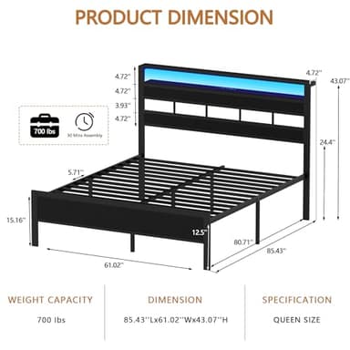Furnulem Queen Bed Frame with Storage Headboard and LED Lights, Metal Bedframe with Charging Station and USB Port, Queen Size Platform Bed with Heavy Duty Slats, No Box Spring Needed, Black Oak - Image 8