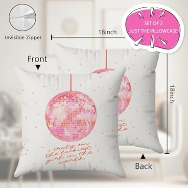 Yomisex Funky Trendy Retro Y2K Disco Ball Lucky Girl Pillow Covers 18x18, Preppy Room Dorm Decor, Trendy Y2K Room Decor, Cute Girly Pillow Covers, Girly Room Decor Aesthetic, Pink Room Decor, Set of 2 - Image 5