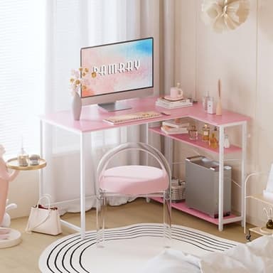 Pamray 43 Inch L Shaped Computer Desk with Reversible Side Storage Shelves, Small Corner Desk for Small Space Home Office,Writing Study Table PC Desk for Bedroom,Pink with White Leg - Image 2