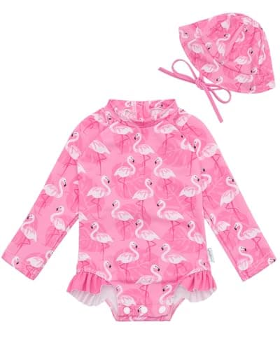 babygoal Infant Baby Girl One-Piece Swimsuit Long Sleeve Rash Guard with Hat Set, Flamingo Zipper Toddler Bathing Suit for Beach & Pool- YZU14-3-6M-B - Image 1
