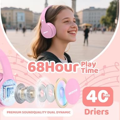 MIDOLA Kids Headphones Bluetooth 5.4 Wireless 68H Play Time Volume Limit 85/94dB Over-Ear Foldable Headset,Type-C Fast Charging,with Wired Aux Mic for Toddler Child Pad Tablet Pink - Image 2