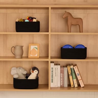 MiniArk Small Square Shallow Baskets for Organizing, 9.7x9.7x4.3 Inch Rope Woven Storage Bins for Cubes Closet, Shelves Storage, Boho Decorative Basket, 2 Packs Black - Image 3