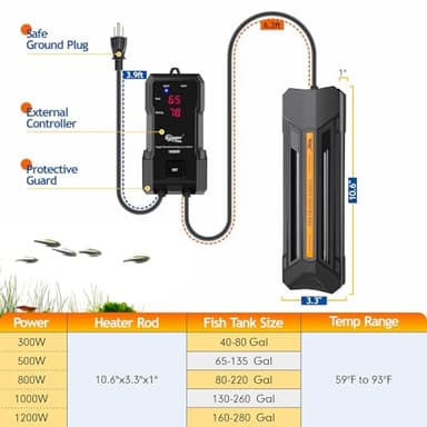 hygger 1000W Aquarium Heater with Controller, Adjustable & Submersible Fish Tank Heater with Digital Display Safety Triple Protection Beeping Alarm for Saltwater and Freshwater 130-260 Gallon - Image 5