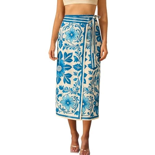 Talakeno Womens Floral Wrap Midi Skirt Summer Adjustable Tie Side Casual High Waist A Line Beach Boho Long Flared Skirts(Blue,M) - Image 1