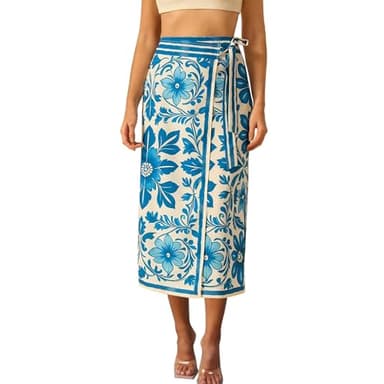 Talakeno Womens Floral Wrap Midi Skirt Summer Adjustable Tie Side Casual High Waist A Line Beach Boho Long Flared Skirts(Blue,M) - Image 1