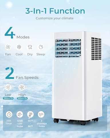 EUHOMY 10000 Btu Portable Air Conditioners, 4 in 1 Portable AC with Cool, Dry, Fan, Sleep Modes, Room Air Conditioners with 52dB & 24H Timer, with Remote, for Bedroom, Rooms, Apartment up to 450 Sq.Ft - Image 3
