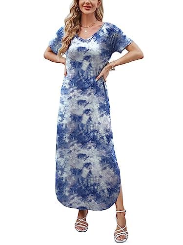 HUSKARY Women's Summer Maxi Dress Casual Loose Pockets Long Dress Short Sleeve Split - Image 2