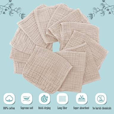 Cute Castle 12 Pack Muslin Burp Cloths for Baby - Ultra-Soft 100% Cotton Baby Washcloths - Large 20'' by 10'' Super Absorbent Milk Spit Up Rags - Burpy Cloths for Unisex, Boy, Girl - Brown - Image 2