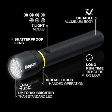 Energizer LED Flashlight Vision PRO, Ultra Bright 1000+ Lumens, IPX4 Water Resistant, Aircraft-Grade Aluminum LED Light, Rugged Metal Flash Light for Outdoors, Emergency Power Outage, Black - Image 2