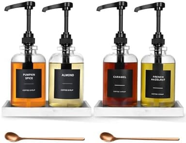 Coffee Syrup Dispenser for Coffee Bar, Glass Syrup Dispenser with Pump, Coffee Syrup Pump Dispenser Bottle with Tray, Spoon for Coffee Station, Coffee Bar Organizer, Black,16.9 oz, 500 ml - Image 3