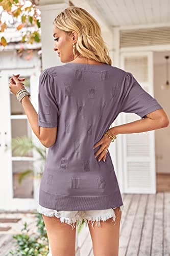 Arach&Cloz Women's Summer Fall Tops 2025 Short Sleeve Plus Size Sweaters V Neck Trendy Fashion Knit Clothes Dressy Cute Casual Outfits Business Work Blouse Grey Purple M - Image 5