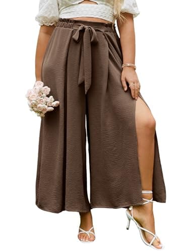 Simplee Apparel Women's Casual Plus Size Side Split Wide Leg Pants High Waist Beach Flowy Pants Comfy Lounge Loose Belted(3XL Coffee) - Image 1