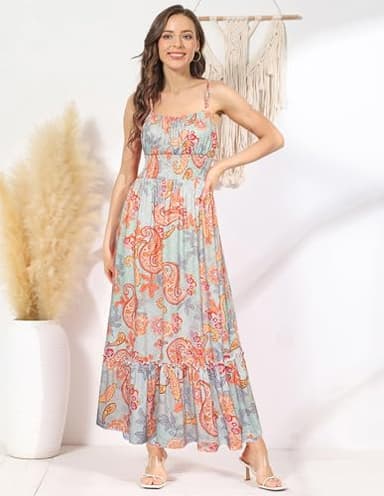 Women's Summer Dress Sleeveless Smocked Floral Boho Tiered Ruffle Flowy Long Maxi Dresses with Pockets Blue Paisley Floral XXL - Image 3