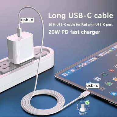 GKW iPad Charger Fast Charging for Apple iPad 10th Generation Charger 10.9", iPad A16 11th 11-inch, 2025 iPad Air 13/11 M3 M2 6th/5th, Mini 7 A17 Pro, 20W USBC Block Long 10ft USB C Cable,2-Pack White - Image 7