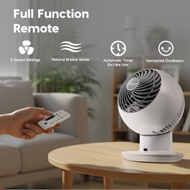 IRIS USA WOOZOO Air Circulator Fan with Remote, Oscillating, 5 Speeds, 82ft Max Air Distance, 90° Adjustable Tilt, 30db Quiet Motor, Small Fan for Bedroom, Office, Dorm, White - Image 5