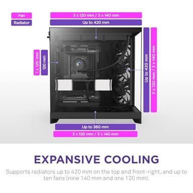 NZXT H9 Flow (2025) – Large Dual-Chamber ATX Mid-Tower Airflow PC Case – Includes 3 x 140mm & 1 x 120mm Fans – 420mm Radiator Support – Tempered Glass – Back-Connect Ready – Black - Image 4