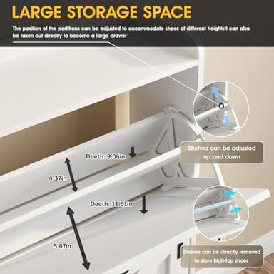 Maupvit Shoe Storage Cabinet with 2 Flip Drawers, Freestanding Organizer with Metal Legs for Entryway, Narrow Shoe Rack Cabinet, Black White - Image 6