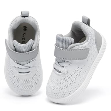 MORENDL Toddler Sneakers Baby Boys & Girls Barefoot Shoes Lightweight Breathable Walking Running Tennis Athletic Sport Shoes White Gray Size 7 - Image 3