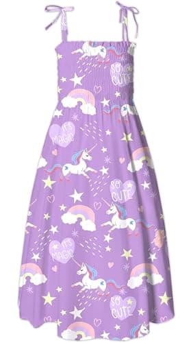 Girl's Women's Summer Spaghetti Strap Beach Dresses Hawaiian Hoilday Smocked Midi Sun Dress Ruffle Square Neck, Unicorn-Purple, US M - Image 1