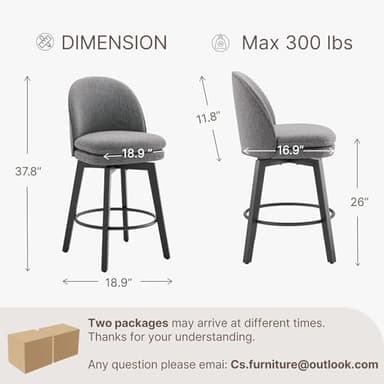 Counter Height Barstools 26 inch Upholstered Swivel Bar Stools with Back and Wood Legs for Kitchen Island,Set of 4,Dark Grey Fabric-Armless - Image 3