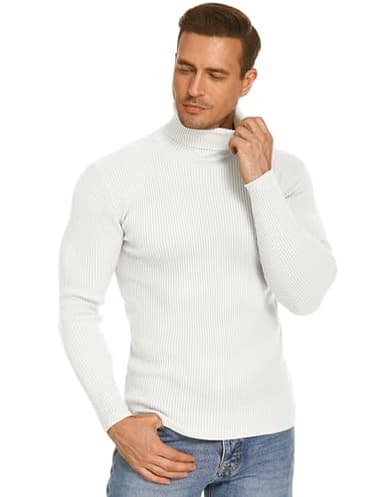 COOFANDY Mens Ribbed Slim Fit Knitted Pullover Casual Turtleneck Sweater White - Image 8