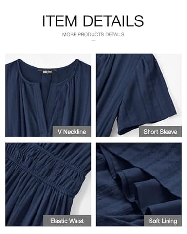 BTFBM Womens Summer 2025 Casual Midi Maxi Dresses Lightweight Short Sleeve V Neck Elastic Waist Boho Beach Dress Pockets(Navy, Large) - Image 4