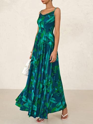 BTFBM Women Summer Floral Maxi Dresses Elegant Spaghetti Strap Dress Printed Party Dress Beach Long Dresses(Floral Green,Large) - Image 6