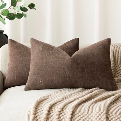 Foindtower Pack of 2 Soft Textured Chenille Throw Decorative Pillow Covers Lumbar Accent Solid Cushion Cover Cozy Neutral Farmhouse Pillow Case for Couch Sofa Bedroom Living Room 12x20 Inch, Chocolate - Image 1