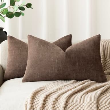Foindtower Pack of 2 Soft Textured Chenille Throw Decorative Pillow Covers Lumbar Accent Solid Cushion Cover Cozy Neutral Farmhouse Pillow Case for Couch Sofa Bedroom Living Room 12x20 Inch, Chocolate - Image 1