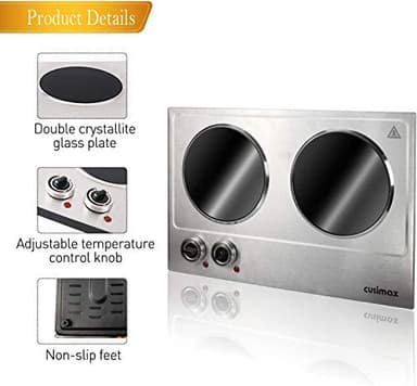 CUSIMAX 1800W Ceramic Electric Hot Plate for Cooking, Dual Control Infrared Cooktop, Double Burner, Portable Countertop Burner, Glass Plate Electric Cooktop, Silver, Stainless Steel-Upgraded Version - Image 2