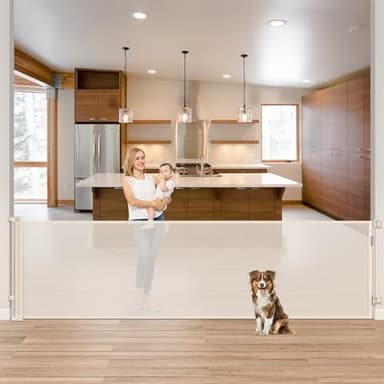 85 Inch Retractable Baby Gates Extra Wide Retractable Dog Gate Outdoor Retractable Gate Indoor Mesh Gate, Wide Baby Gate Retractable Gates for Dogs, Doorways, Beige - Image 1