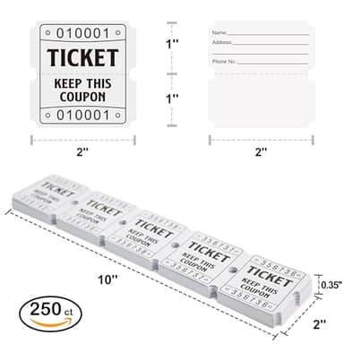 DGBDPACK 250 White Raffle Tickets, 50/50 Raffle Tickets, Double Tickets for Festivals, Carnivals, School Events, Baby Showers, Summer Parties - Image 2
