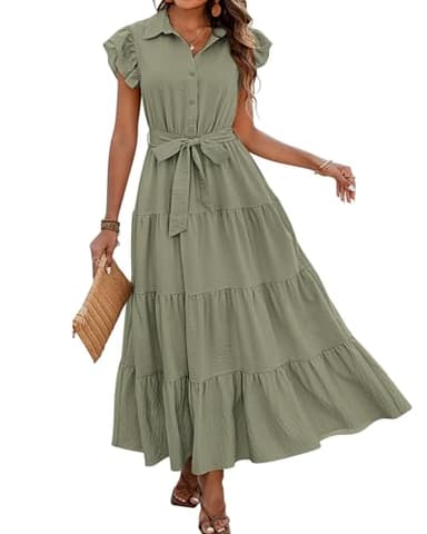 dowerme Women's Summer Casual Dresses 2025 Cap Ruffle Sleeve V Neck Button Belted Tiered Boho Maxi Dress with Pockets(Grey Green,Medium) - Image 1