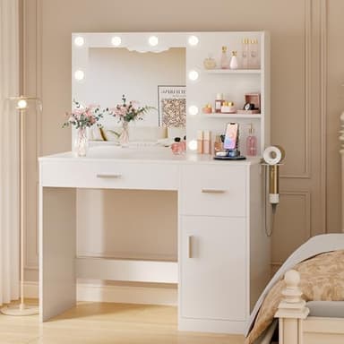 JUMMICO 35.4" Vanity Desk with LED Mirror & Power Outlet, Makeup Vanity Table with 3 Open Storage Shelves, Drawers and Cabinet, 3 Model Adjustable Lights for Bedroom & Dressing Room (White) - Image 1