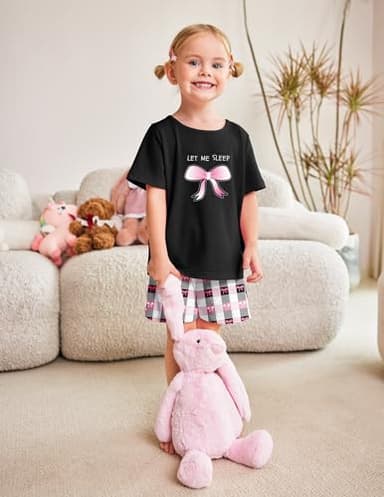 Arshiner Girls Pajamas Set Short Sleeve Pjs Sleepwear 3PCS Summer Lounge Sets Nightwear Bow Plaid 5-6Years - Image 8
