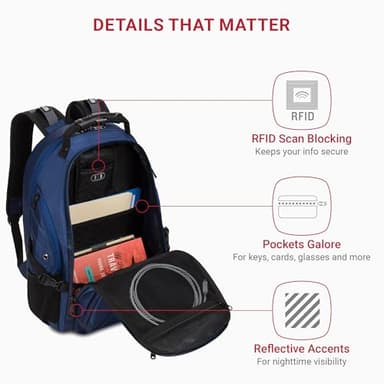 SwissGear 1900 ScanSmart 17” Laptop Backpack Navy Ballistic – Reflective Tech Backpack with ScanSmart Compartment – Multiple Organizer Pockets & RFID Scan Blocking Technology - Image 3