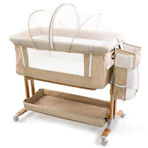 Bassinet Bedside Sleeper for Baby 6 Months, Convertible Cosleeping Baby Bed Attach to Bed with Wheels, Mattress, Storage Diaper Caddy, 6 Adjustable Height, Breathable Mesh Drop Down Side, Gold - Image 1
