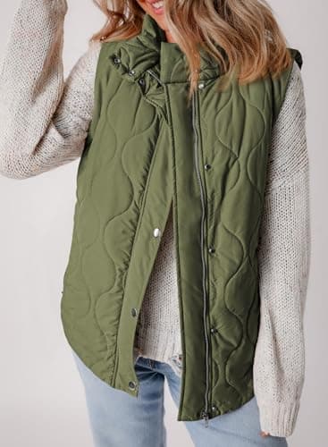 EVALESS Cute Cropped Puffer Vest Women Lightweight Quilted Stand Collar Sleeveless Jackets Fall Winter 2025 Button Zip Up Jacket Warm Coat Outerwear with Pockets Green Medium - Image 6