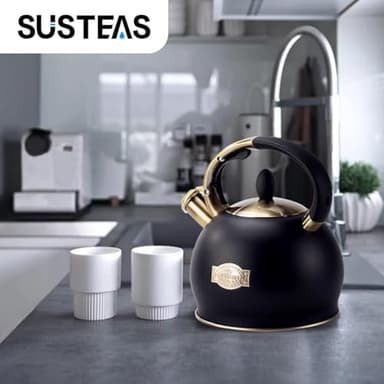 SUSTEAS Stove Top Whistling Tea Kettle - Food Grade Stainless Steel Teakettle Teapot with Cool Touch Ergonomic Handle, With 1 Silicone Pinch Mitt Included, 2.64 Quart(BLACK) - Image 5