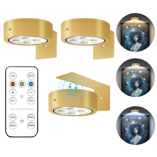 3Pcs Battery Operated Picture Light, Magnetic Led Painting Light with Remote Dimmable and Timer, 3 Lighting Modes Art Display Light for Picture Frame Paintings, Wireless Wall Decor Puck Lights, Gold - Image 1